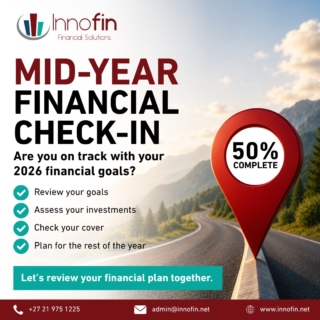 Halfway through 2026 already!

Now is the perfect time to pause and ask yourself:

✓ Are you on track with your financial goals?
✓ Have your circumstances changed?
✓ Is your investment portfolio performing as expected?
✓ Do you still have the right level of cover in place?

A mid-year financial review can help identify opportunities, minimise risks, and ensure you're still moving towards the future you envision.

Don't wait until December to find out you're off course.

Let's review your financial plan together.

021 975 1225
admin@innofin.net
www.innofin.net

#FinancialPlanning #FinancialGoals #InvestmentPlanning #RetirementPlanning #FinancialWellness #WealthManagement #InnofinFinancialSolutions #FinancialFreedom #SouthAfricaFinance