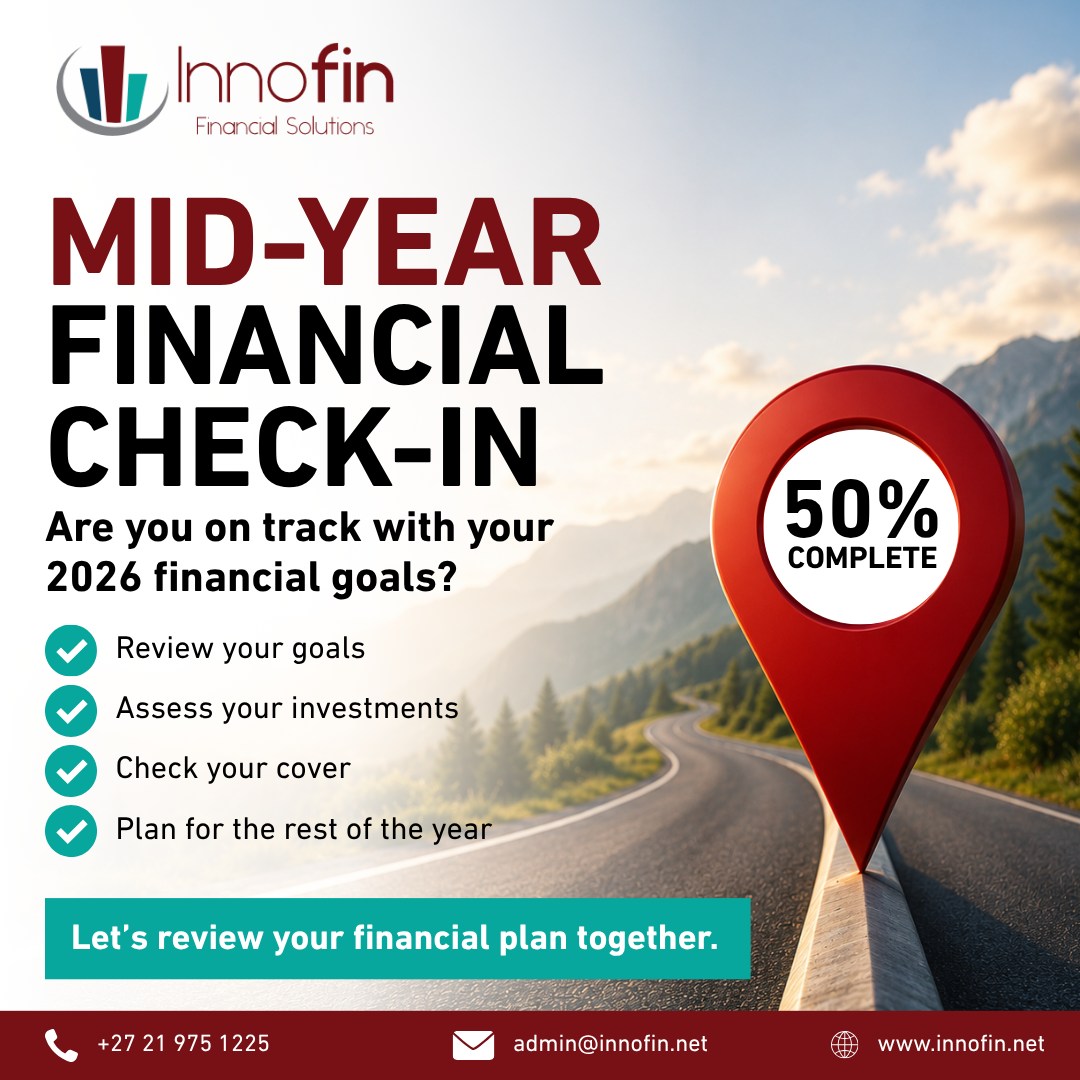 Halfway through 2026 already!

Now is the perfect time to pause and ask yourself:

✓ Are you on track with your financial goals?
✓ Have your circumstances changed?
✓ Is your investment portfolio performing as expected?
✓ Do you still have the right level of cover in place?

A mid-year financial review can help identify opportunities, minimise risks, and ensure you're still moving towards the future you envision.

Don't wait until December to find out you're off course.

Let's review your financial plan together.

021 975 1225
admin@innofin.net
www.innofin.net

#FinancialPlanning #FinancialGoals #InvestmentPlanning #RetirementPlanning #FinancialWellness #WealthManagement #InnofinFinancialSolutions #FinancialFreedom #SouthAfricaFinance