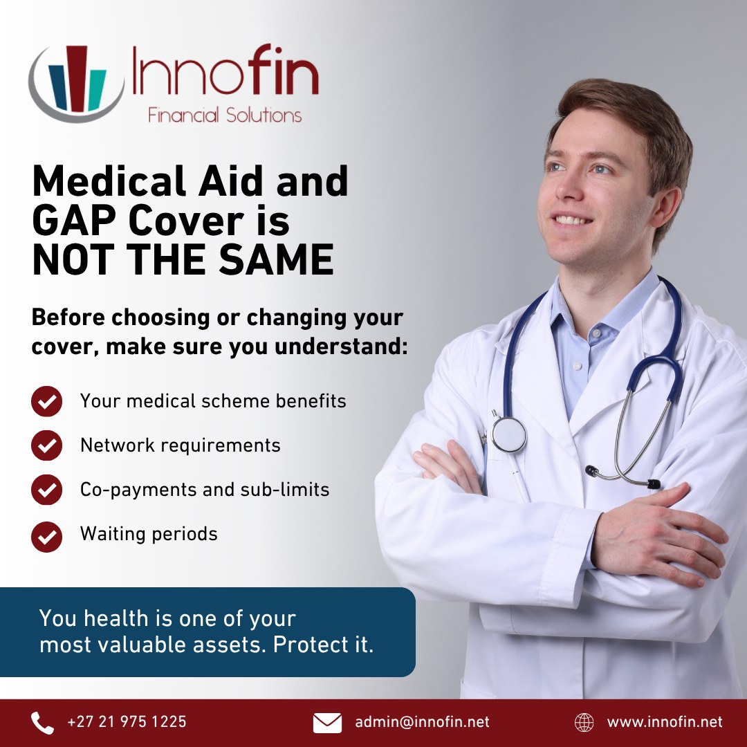 Medical aid and gap cover are not the same—but they can work together to strengthen your financial protection. 

Even with medical aid, healthcare professionals may charge more than the medical scheme tariff. Depending on the policy and circumstances, gap cover may help with certain qualifying shortfalls.

Before choosing or changing your cover, make sure you understand:

🔹 Your medical scheme benefits
🔹 Network requirements
🔹 Co-payments and sub-limits
🔹 Waiting periods
🔹 What your gap cover includes and excludes

The right solution depends on your healthcare needs, family circumstances and budget.

Let Innofin Financial Solutions help you evaluate your options.

#MedicalAid #GapCover #HealthcarePlanning #MedicalExpenses #ProtectYourFamily #FinancialWellbeing #InnofinFinancialSolutions